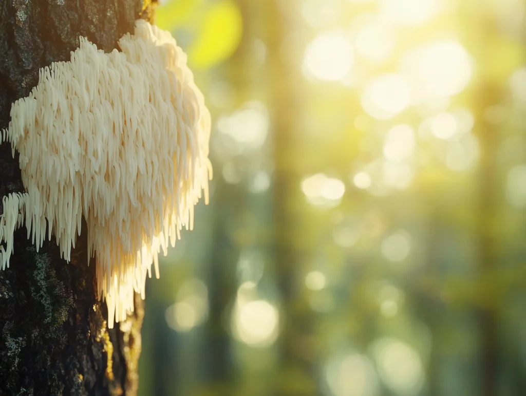 Lion's mane - Champignon sur un tronc d'arbre